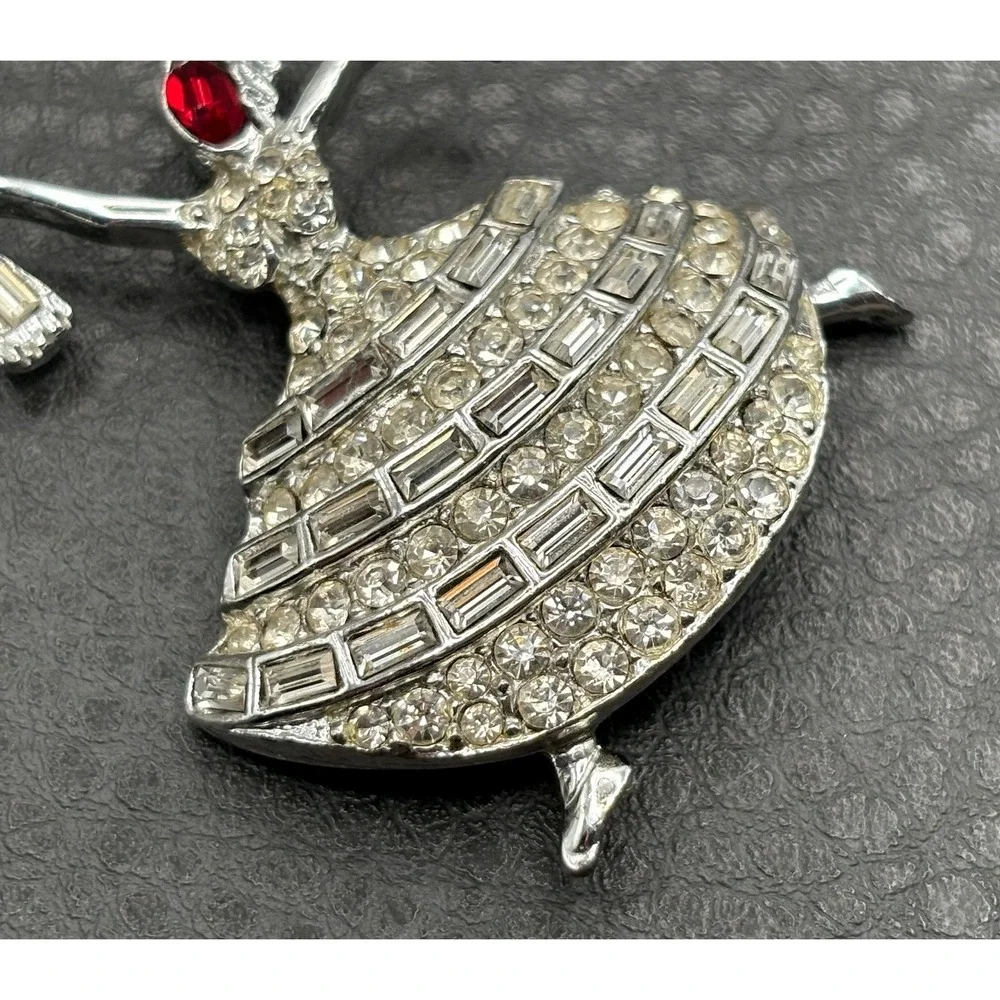 Vintage Rhinestone Ballerina Dancer Lady Brooch Pin Red Crystal Silver Tone